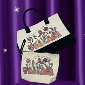NWOT Large Floral Teacher Tote and Pouch Set - Black and Cream